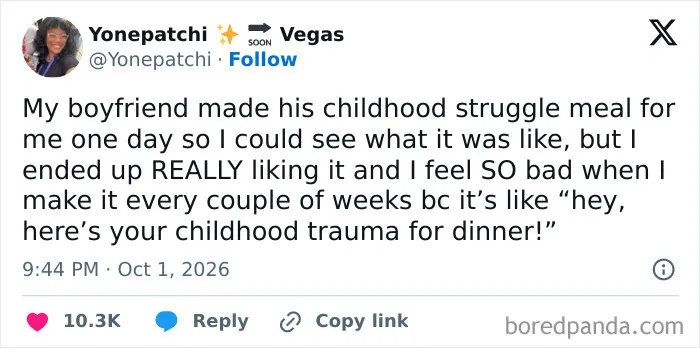 A tweet sharing a funny story about a boyfriend's childhood struggle meal, featured in hilarious tweets.