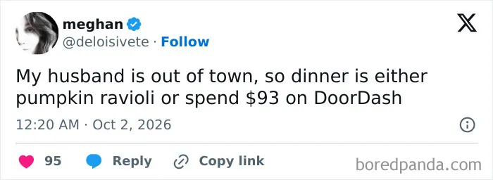 A funny tweet about dinner decisions when a spouse is out of town, one of many hilarious tweets shared this October.