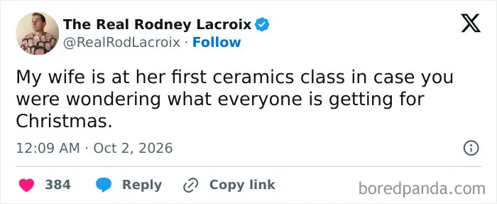 Funny marriage tweets about a wife taking ceramics class for Christmas gifts
