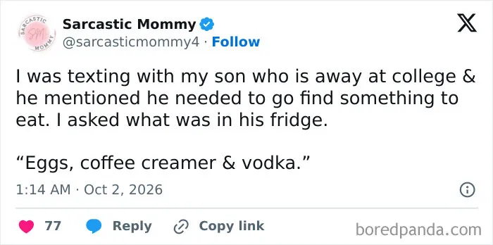 Parenting tweet showing a humorous text exchange with a college student about fridge contents.
