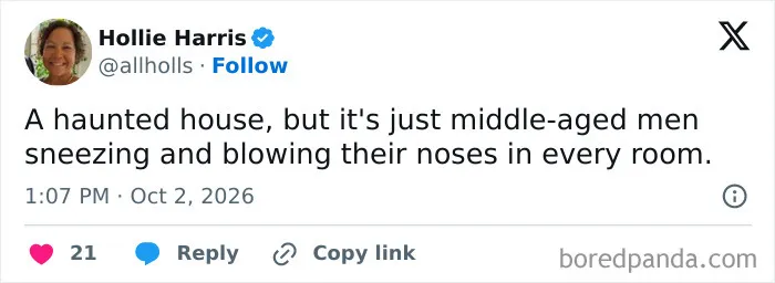 Funny tweet about a haunted house filled with sneezing middle-aged men as part of a list of hilarious parenting tweets.