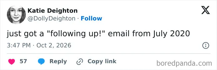 Relatable work tweet joking about receiving a follow up email several years late.