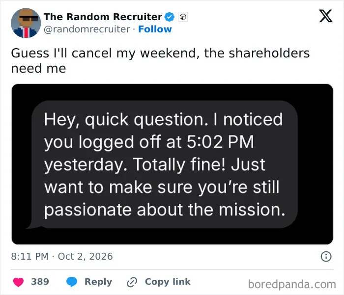 A funny work tweet about a manager questioning a worker logging off at 5:02 PM.