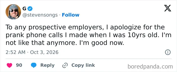 A funny work tweet jokingly apologizing to prospective employers for childhood prank calls.