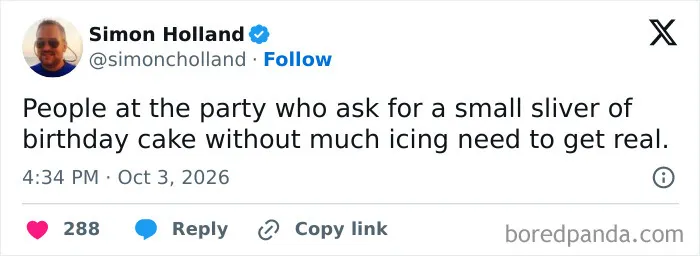 Humorous post featured in parenting tweets about guests asking for small pieces of birthday cake.