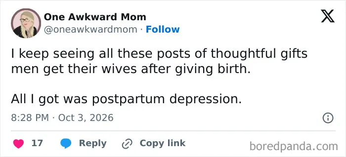 Funny post from One Awkward Mom about parenting tweets, postpartum, and birth gifts.