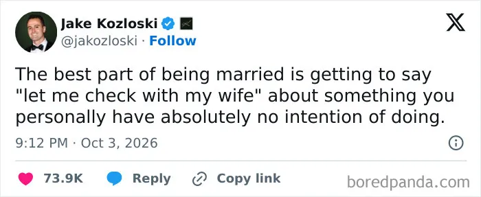 A humorous post about marriage excuse tactics, part of hilarious tweets from October.