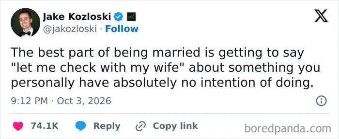 Humorous marriage tweets about using a spouse as an excuse to decline plans