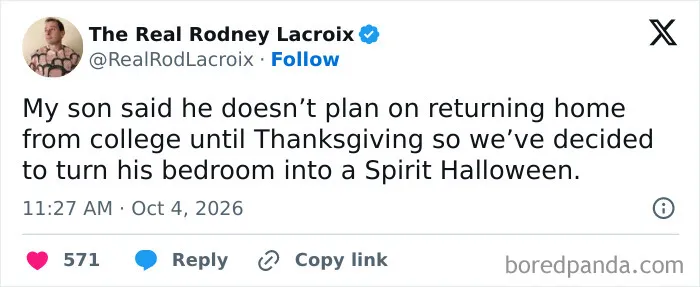 A humorous parenting tweet about turning a college student's bedroom into a Spirit Halloween store.