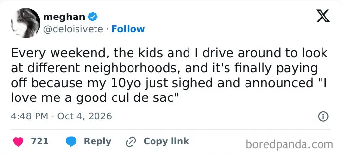 Humorous post showcasing parenting tweets about a child appreciating suburban neighborhood cul-de-sacs.