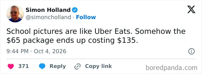 Parenting tweets post comparing the hidden costs of school pictures to food delivery fees.