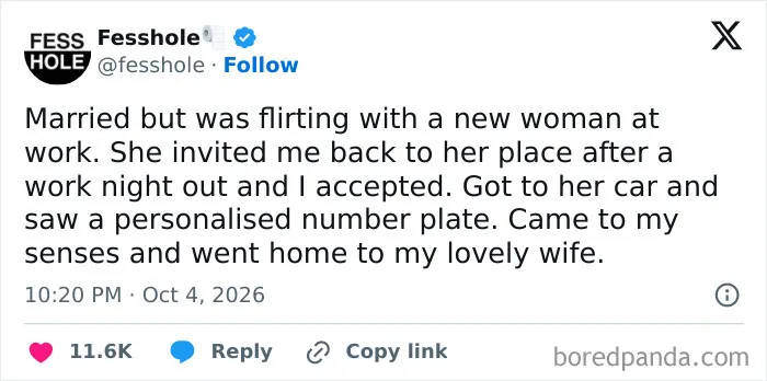 Anonymous confessions online post about avoiding infidelity after seeing a vanity license plate.