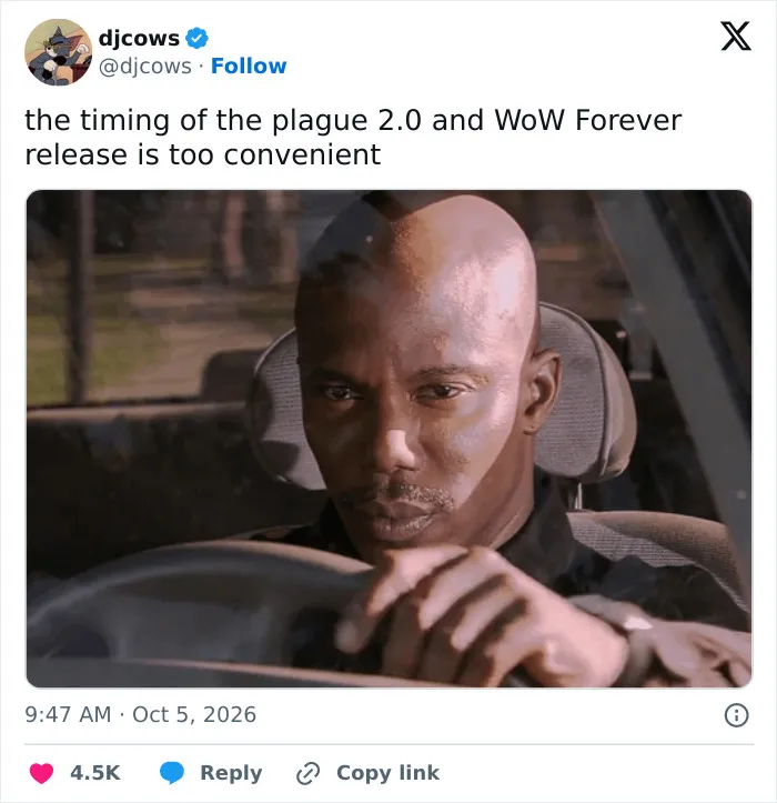 A meme using a reaction image of a driver to joke about the timing of plague 2.0