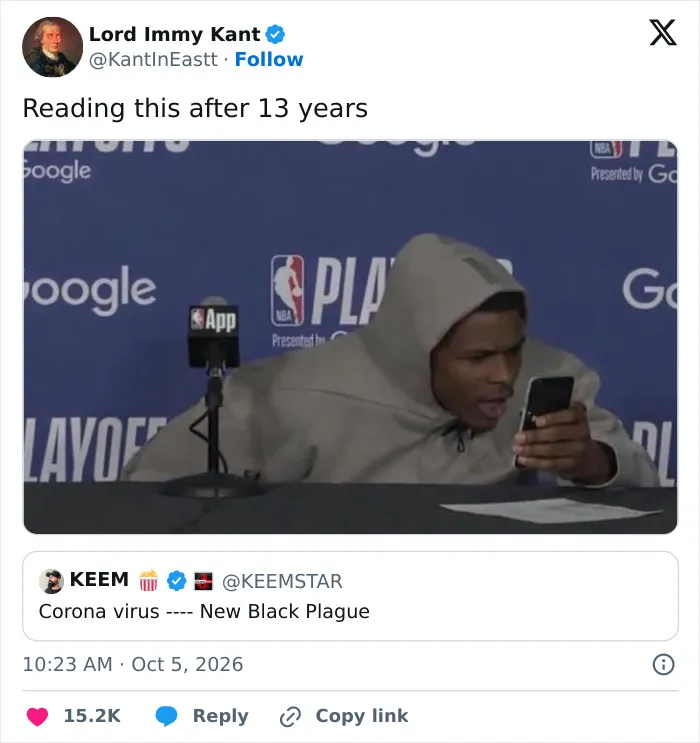 A social media post with a meme about the new black plague and Russian plague headlines