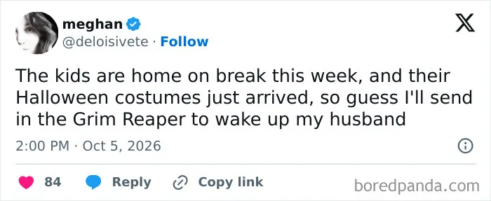 A funny parenting tweet about using a Grim Reaper Halloween costume to wake up a sleeping husband.