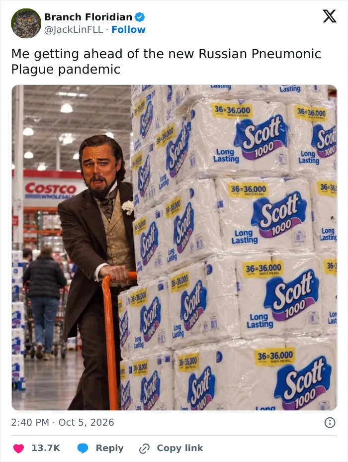 Leonardo DiCaprio pushing a cart full of toilet paper, joking about prepping for the Russian Plague