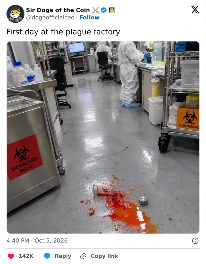 A social media post with a photo of a spilled red liquid on a lab floor, joked as a plague factory