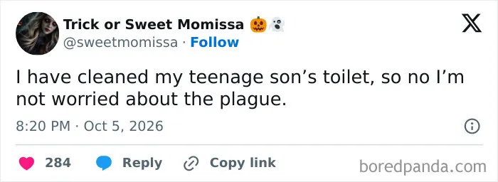 A humorous parenting tweet joking about cleaning a teenager's toilet and not fearing plagues.