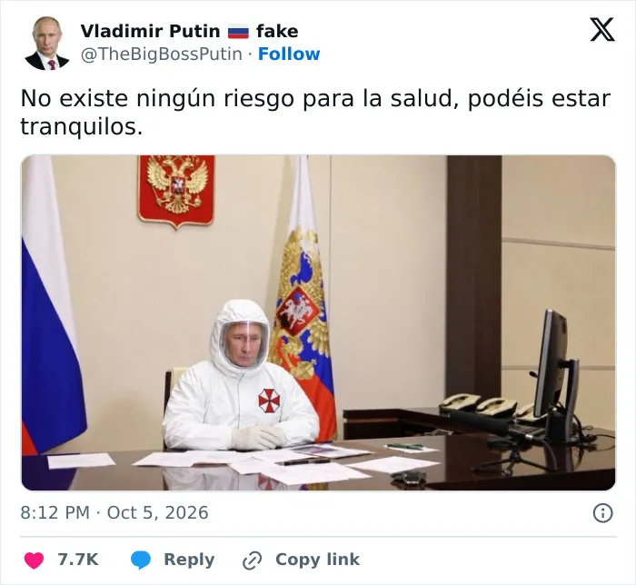 A social media meme about Russian plague headlines featuring Vladimir Putin in a hazmat suit