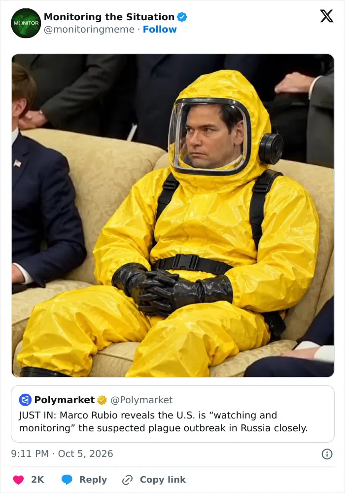 Meme of Marco Rubio sitting in a yellow hazmat suit, watching the suspected plague outbreak in Russia