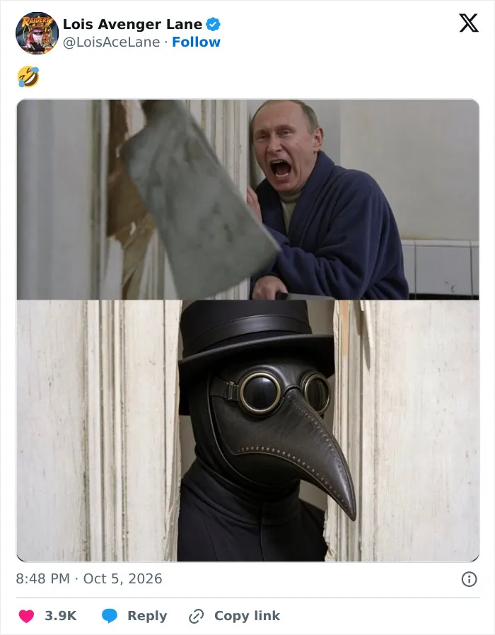 A Russian plague meme based on The Shining movie showing a plague doctor peeking through a broken wooden door