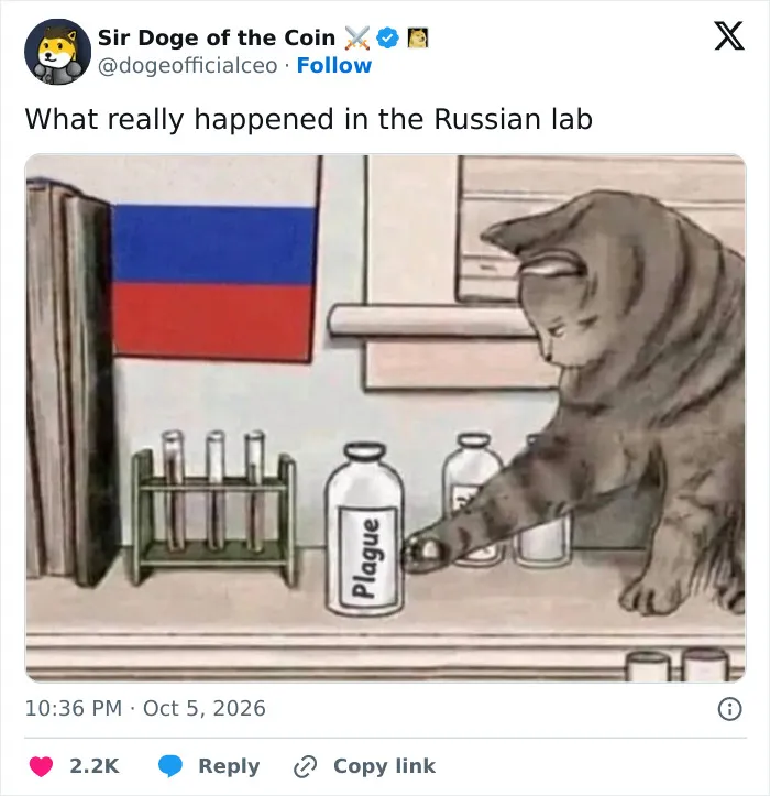 A meme with a cat in a lab pushing a bottle labeled plague, referencing Russian plague headlines