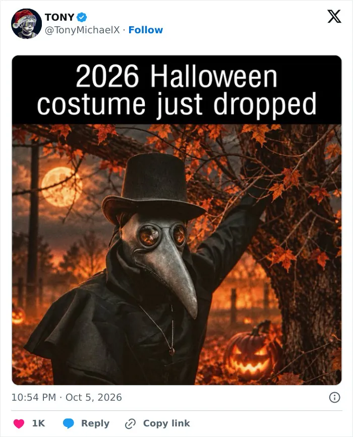 A social media post showing a plague doctor costume under the headline of 2026 Halloween costume