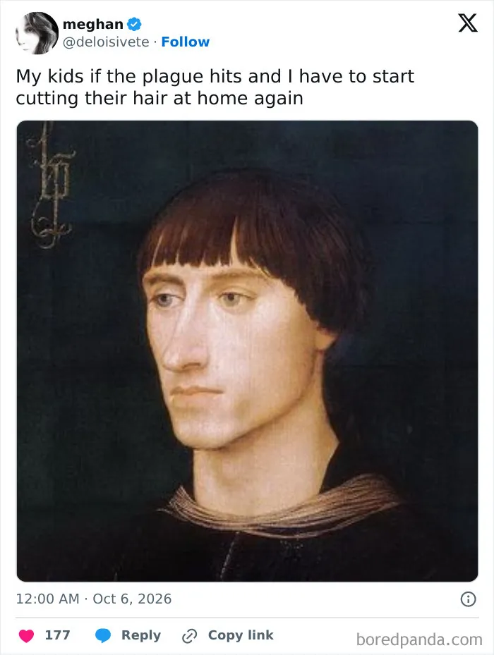 Humorous post included in parenting tweets showing a medieval painting of a bad home haircut.