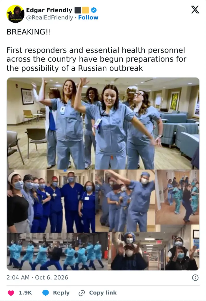 A collage of health workers dancing to joke about preparations for a Russian outbreak