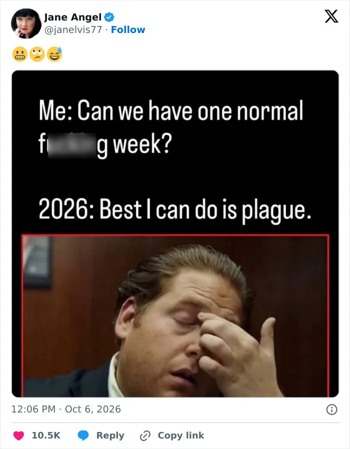 Social media post with Jonah Hill looking stressed, with text about 2026 and Russian plague.
