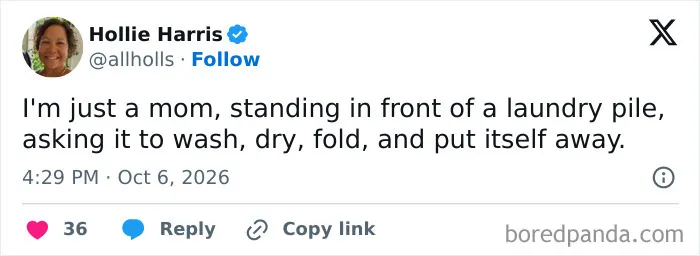 Relatable post featured in parenting tweets about a mother wishing laundry would do itself.