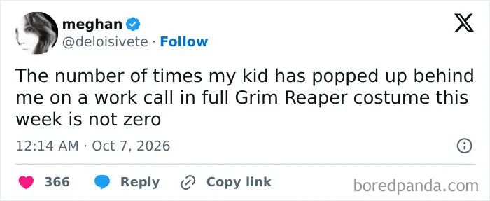 Funny post from parenting tweets about a child interrupting a video call in a Grim Reaper costume.