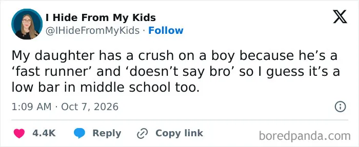 Relatable parenting tweets post showing a message about middle school crushes and low standards.