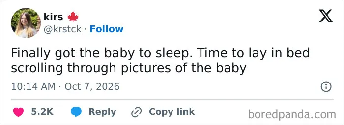 Funny post about parenting tweets featuring a parent scrolling through baby photos while the baby sleeps.