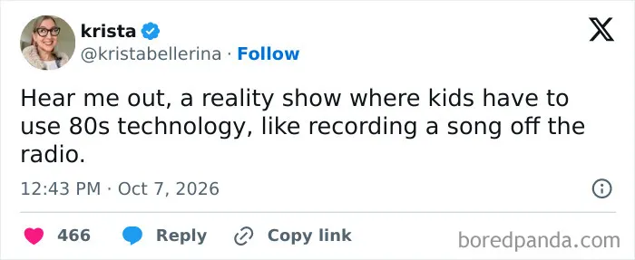 Witty post from parenting tweets proposing a reality TV show using 1980s technology.