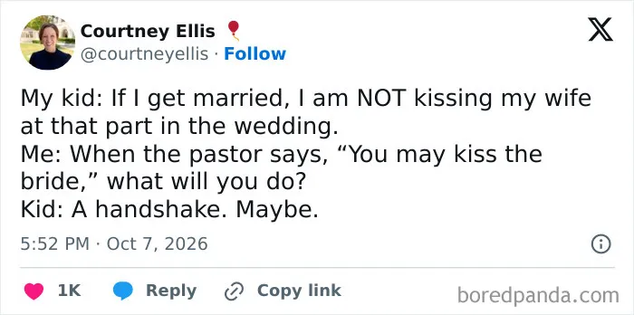 A funny parenting tweet featuring a child's reluctant reaction to wedding kisses.