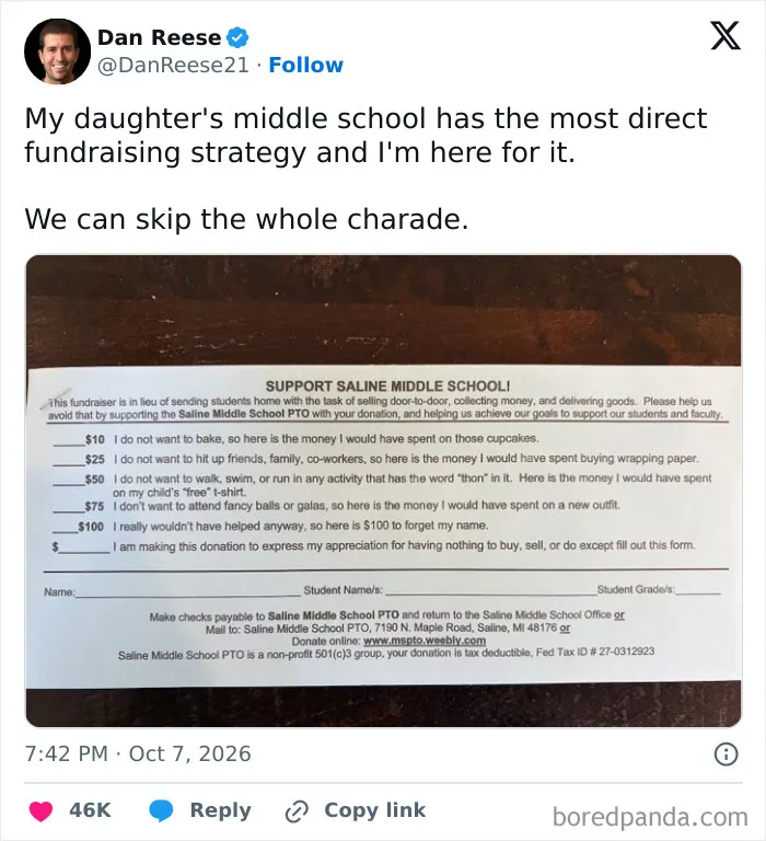 Hilarious image for parenting tweets showing a honest middle school PTO fundraising form.