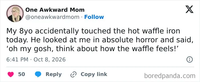Funny parenting tweet about an eight-year-old worrying about the feelings of a waffle.