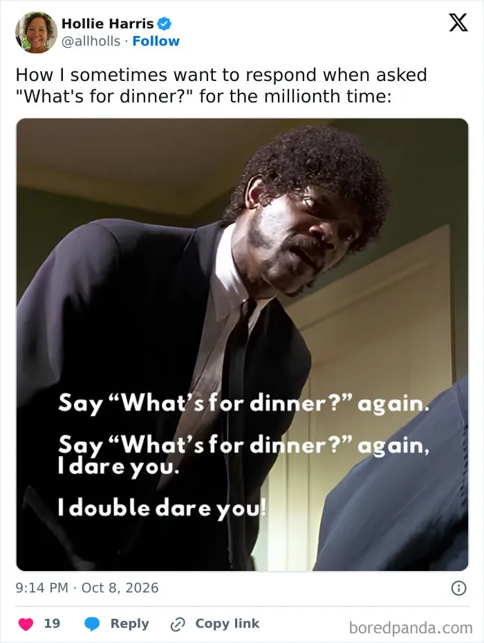 Funny Pulp Fiction meme post about being asked what is for dinner, included in a compilation of relatable parenting tweets.