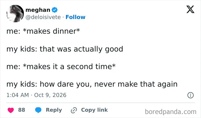 Parenting tweets post showing a funny social media joke about kids being picky eaters after making dinner.