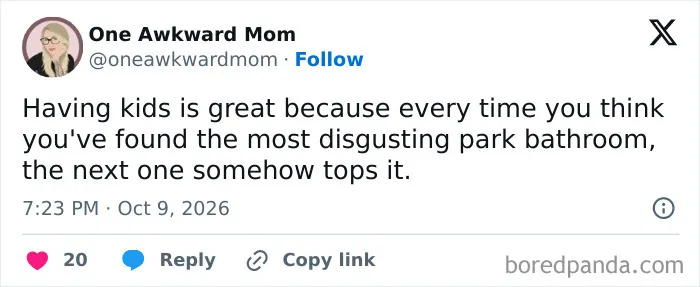 Humorous post about kids and public park bathrooms, featured in parenting tweets.