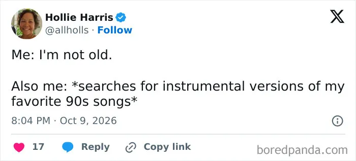Relatable tweet about listening to 90s instrumental songs, featured in a roundup of funny parenting tweets.