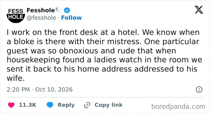 Anonymous confessions post about a hotel worker sending a lost watch to a rude guest's wife