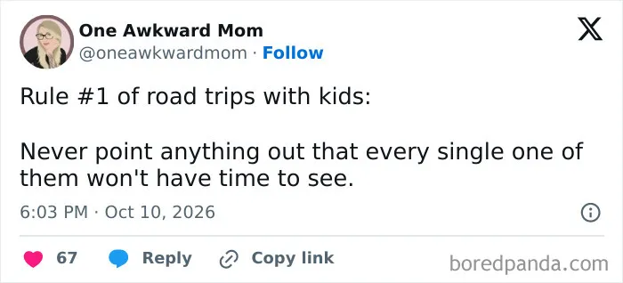 Funny post from parenting tweets about road trip rules when driving with kids.