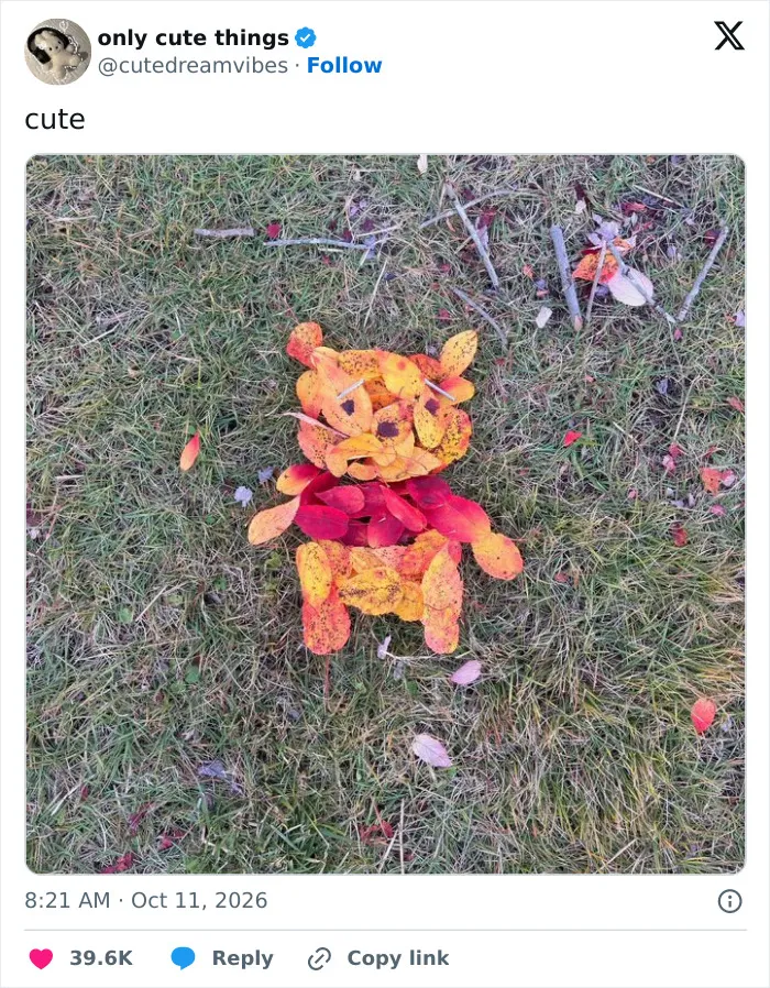 Creative animal figure made from colorful leaves on grass for adorable little things