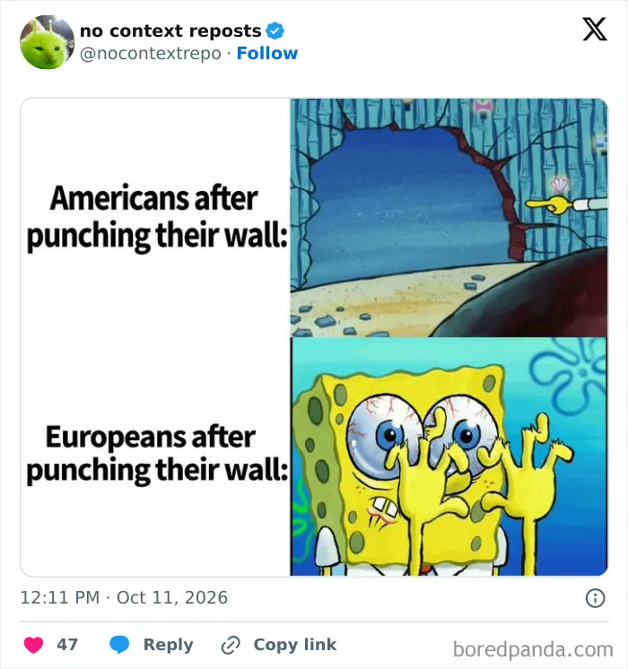 SpongeBob meme about Americans vs Europeans punching walls