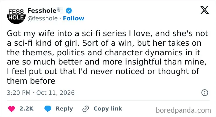 Anonymous confessions post about a person impressed by their wife's deep sci-fi insights