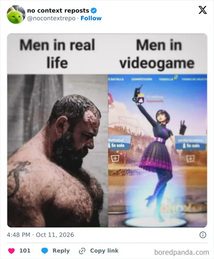 Comparison of men in real life versus videogame characters meme