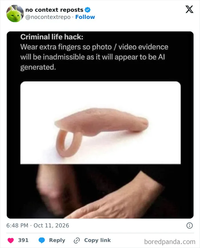 Criminal life hack meme suggests wearing extra fingers to fake AI-generated evidence