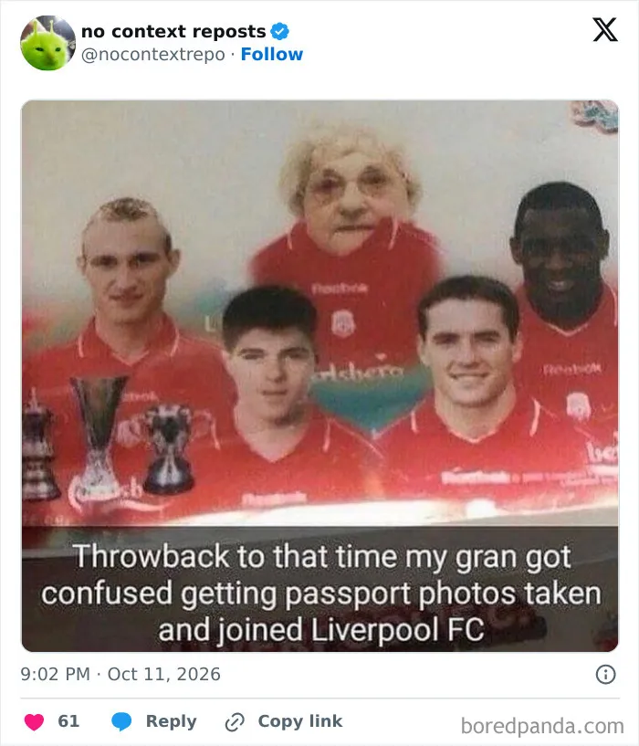 Funny Liverpool FC meme with grandma confused about passport photos and joining football club